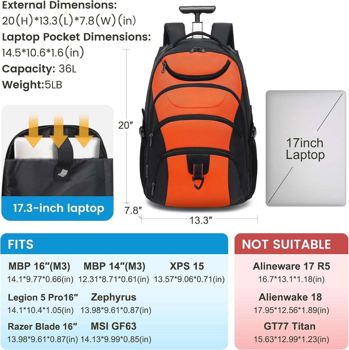 Rolling Backpack for Women, 17.3 Inch Wheeled Laptop Backpack,Large Travel Carry-On Bag for Teachers College Students, USB Charging Port Waterproof Business for Airplane Overnight Luggage，Beige