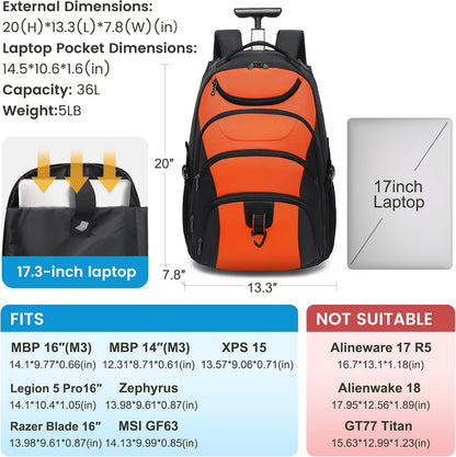 Rolling Backpack for Women, 17.3 Inch Wheeled Laptop Backpack,Large Travel Carry-On Bag for Teachers College Students, USB Charging Port Waterproof Business for Airplane Overnight Luggage，Beige