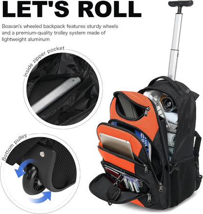 Rolling Backpack for Women, 17.3 Inch Wheeled Laptop Backpack,Large Travel Carry-On Bag for Teachers College Students, USB Charging Port Waterproof Business for Airplane Overnight Luggage，Beige