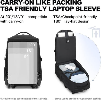 Rolling Backpack for Women, 17.3 Inch Wheeled Laptop Backpack,Large Travel Carry-On Bag for Teachers College Students, USB Charging Port Waterproof Business for Airplane Overnight Luggage，Beige