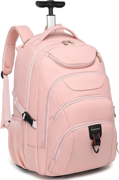 Rolling Backpack for Women, 17.3 Inch Wheeled Laptop Backpack,Large Travel Carry-On Bag for Teachers College Students, USB Charging Port Waterproof Business for Airplane Overnight Luggage，Beige