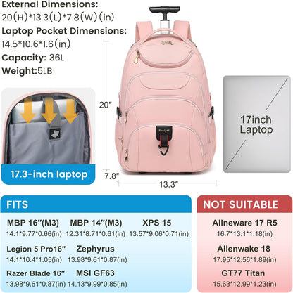 Rolling Backpack for Women, 17.3 Inch Wheeled Laptop Backpack,Large Travel Carry-On Bag for Teachers College Students, USB Charging Port Waterproof Business for Airplane Overnight Luggage，Beige