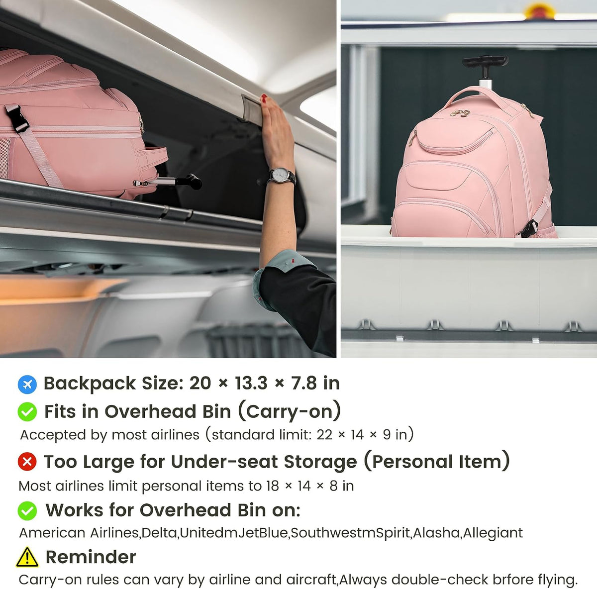 Rolling Backpack for Women, 17.3 Inch Wheeled Laptop Backpack,Large Travel Carry-On Bag for Teachers College Students, USB Charging Port Waterproof Business for Airplane Overnight Luggage，Beige