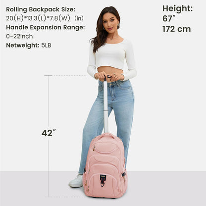 Rolling Backpack for Women, 17.3 Inch Wheeled Laptop Backpack,Large Travel Carry-On Bag for Teachers College Students, USB Charging Port Waterproof Business for Airplane Overnight Luggage，Beige