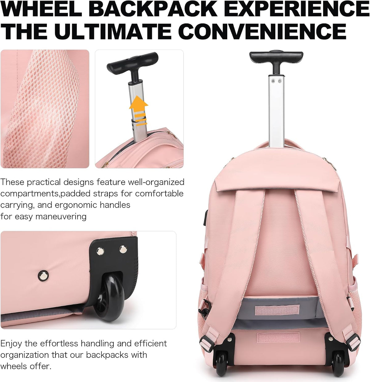 Rolling Backpack for Women, 17.3 Inch Wheeled Laptop Backpack,Large Travel Carry-On Bag for Teachers College Students, USB Charging Port Waterproof Business for Airplane Overnight Luggage，Beige