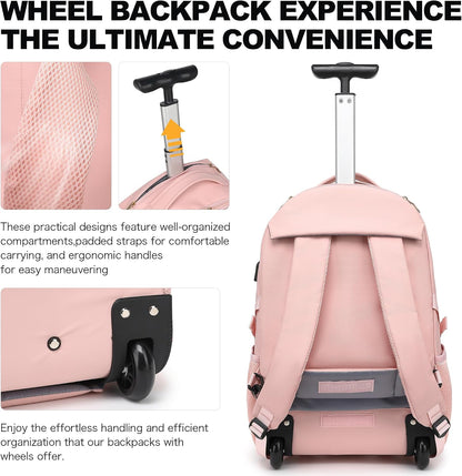 Rolling Backpack for Women, 17.3 Inch Wheeled Laptop Backpack,Large Travel Carry-On Bag for Teachers College Students, USB Charging Port Waterproof Business for Airplane Overnight Luggage，Beige