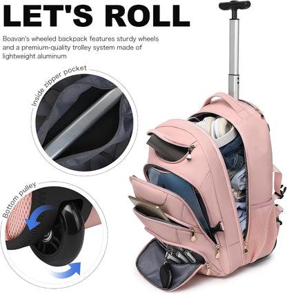 Rolling Backpack for Women, 17.3 Inch Wheeled Laptop Backpack,Large Travel Carry-On Bag for Teachers College Students, USB Charging Port Waterproof Business for Airplane Overnight Luggage，Beige