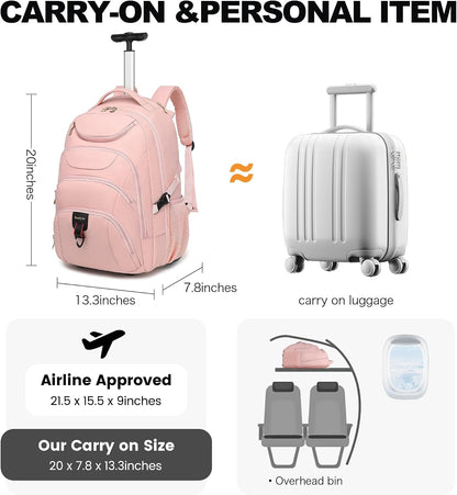 Rolling Backpack for Women, 17.3 Inch Wheeled Laptop Backpack,Large Travel Carry-On Bag for Teachers College Students, USB Charging Port Waterproof Business for Airplane Overnight Luggage，Beige