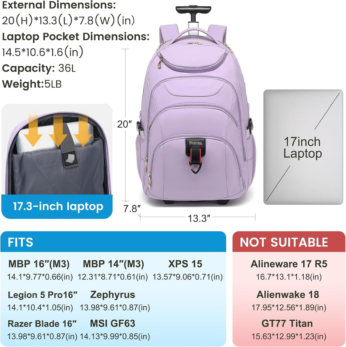Rolling Backpack for Women, 17.3 Inch Wheeled Laptop Backpack,Large Travel Carry-On Bag for Teachers College Students, USB Charging Port Waterproof Business for Airplane Overnight Luggage，Beige