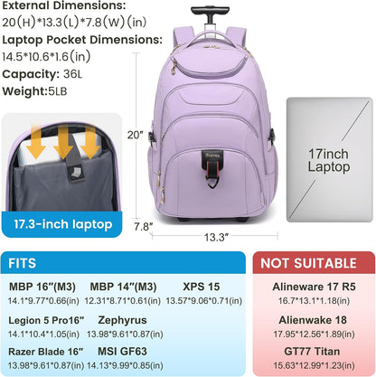 Rolling Backpack for Women, 17.3 Inch Wheeled Laptop Backpack,Large Travel Carry-On Bag for Teachers College Students, USB Charging Port Waterproof Business for Airplane Overnight Luggage，Beige