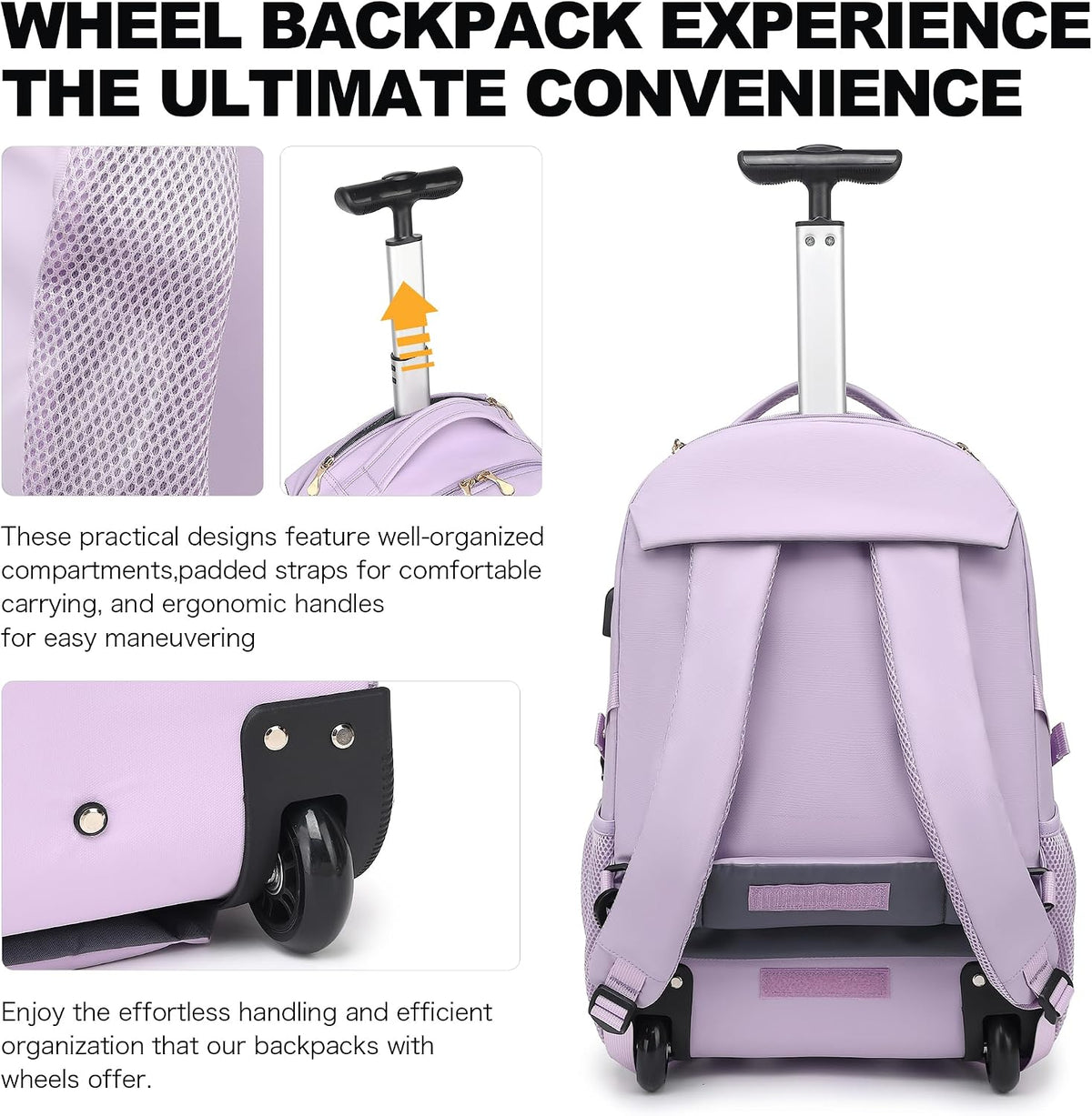 Rolling Backpack for Women, 17.3 Inch Wheeled Laptop Backpack,Large Travel Carry-On Bag for Teachers College Students, USB Charging Port Waterproof Business for Airplane Overnight Luggage，Beige