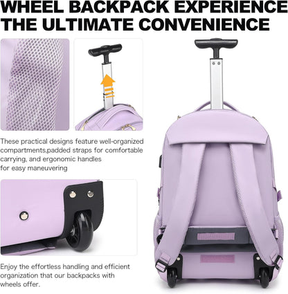 Rolling Backpack for Women, 17.3 Inch Wheeled Laptop Backpack,Large Travel Carry-On Bag for Teachers College Students, USB Charging Port Waterproof Business for Airplane Overnight Luggage，Beige