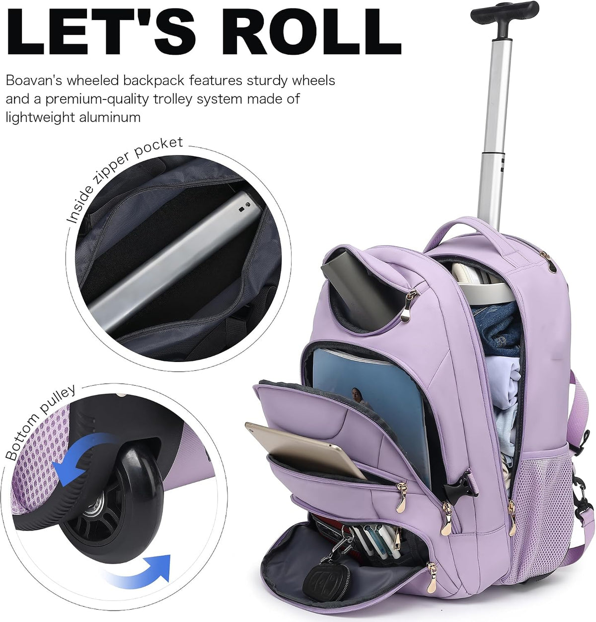 Rolling Backpack for Women, 17.3 Inch Wheeled Laptop Backpack,Large Travel Carry-On Bag for Teachers College Students, USB Charging Port Waterproof Business for Airplane Overnight Luggage，Beige
