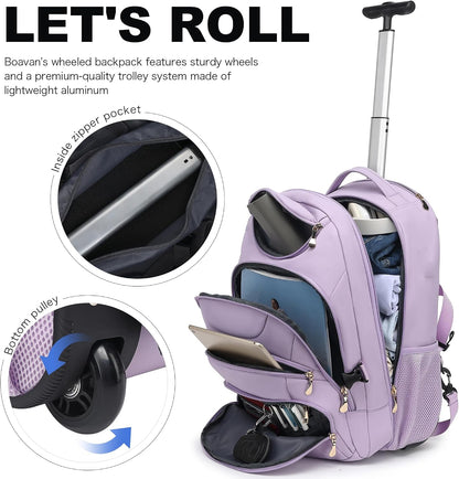 Rolling Backpack for Women, 17.3 Inch Wheeled Laptop Backpack,Large Travel Carry-On Bag for Teachers College Students, USB Charging Port Waterproof Business for Airplane Overnight Luggage，Beige
