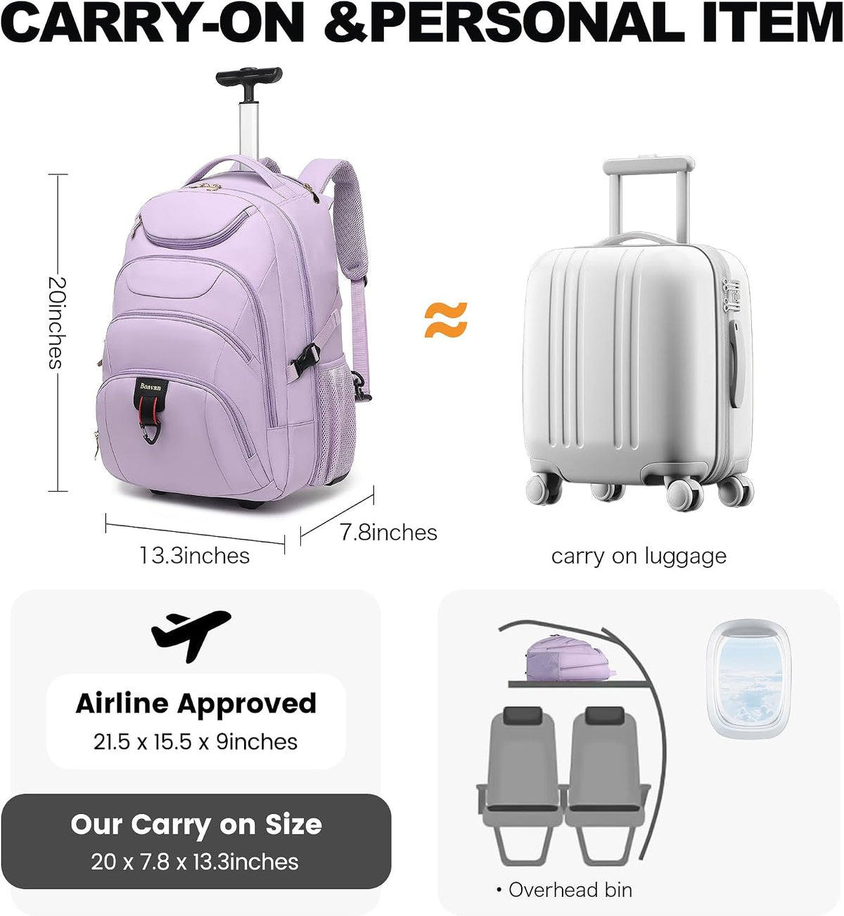 Rolling Backpack for Women, 17.3 Inch Wheeled Laptop Backpack,Large Travel Carry-On Bag for Teachers College Students, USB Charging Port Waterproof Business for Airplane Overnight Luggage，Beige