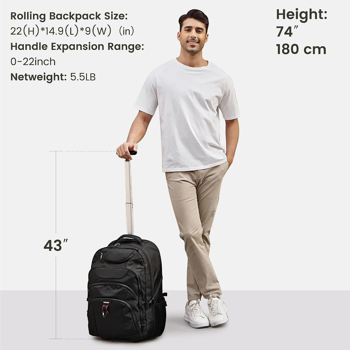 Rolling Backpack for Women, 17.3 Inch Wheeled Laptop Backpack,Large Travel Carry-On Bag for Teachers College Students, USB Charging Port Waterproof Business for Airplane Overnight Luggage，Beige