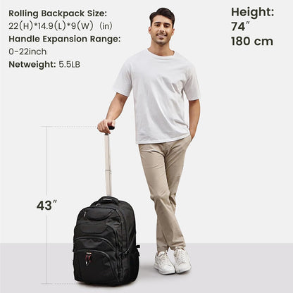 Rolling Backpack for Women, 17.3 Inch Wheeled Laptop Backpack,Large Travel Carry-On Bag for Teachers College Students, USB Charging Port Waterproof Business for Airplane Overnight Luggage，Beige