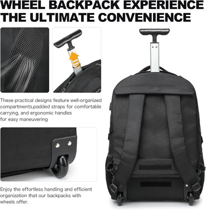 Rolling Backpack for Women, 17.3 Inch Wheeled Laptop Backpack,Large Travel Carry-On Bag for Teachers College Students, USB Charging Port Waterproof Business for Airplane Overnight Luggage，Beige