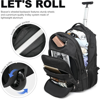 Rolling Backpack for Women, 17.3 Inch Wheeled Laptop Backpack,Large Travel Carry-On Bag for Teachers College Students, USB Charging Port Waterproof Business for Airplane Overnight Luggage，Beige