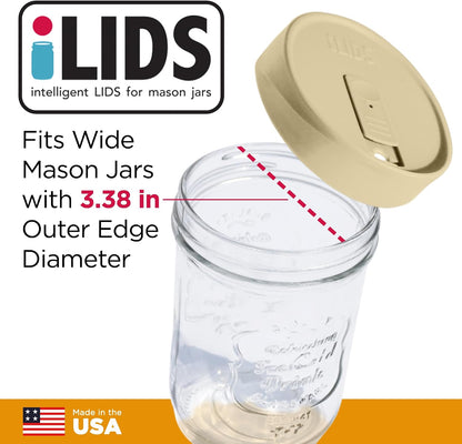 Mason Jar Drink Lid, Wide Mouth, Butter, 2 Pack, BPA-Free USA Made | Fits 3 3/8 in Ball & Kerr openings; spill-resistant for coffee, cold brew & iced tea; reusable, dishwasher-safe
