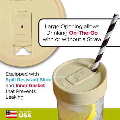 Mason Jar Drink Lid, Wide Mouth, Butter, 2 Pack, BPA-Free USA Made | Fits 3 3/8 in Ball & Kerr openings; spill-resistant for coffee, cold brew & iced tea; reusable, dishwasher-safe