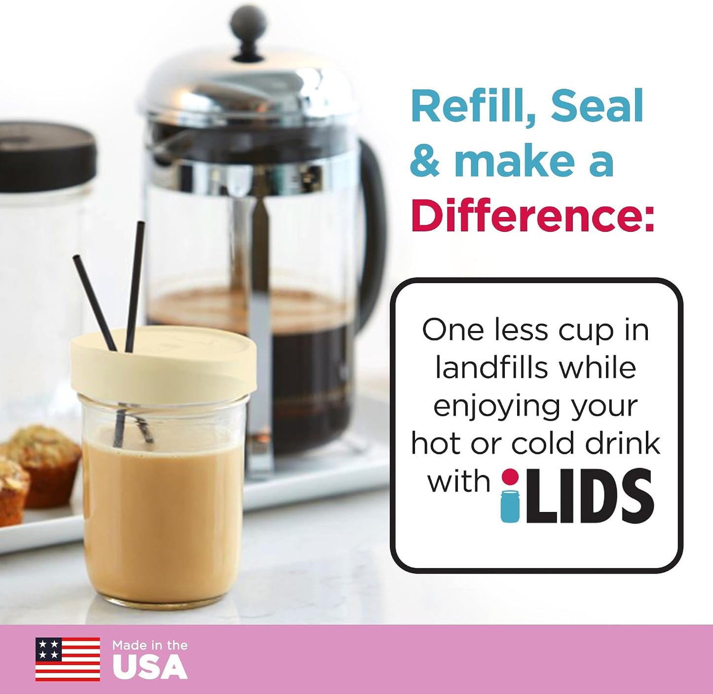 Mason Jar Drink Lid, Wide Mouth, Butter, 2 Pack, BPA-Free USA Made | Fits 3 3/8 in Ball & Kerr openings; spill-resistant for coffee, cold brew & iced tea; reusable, dishwasher-safe
