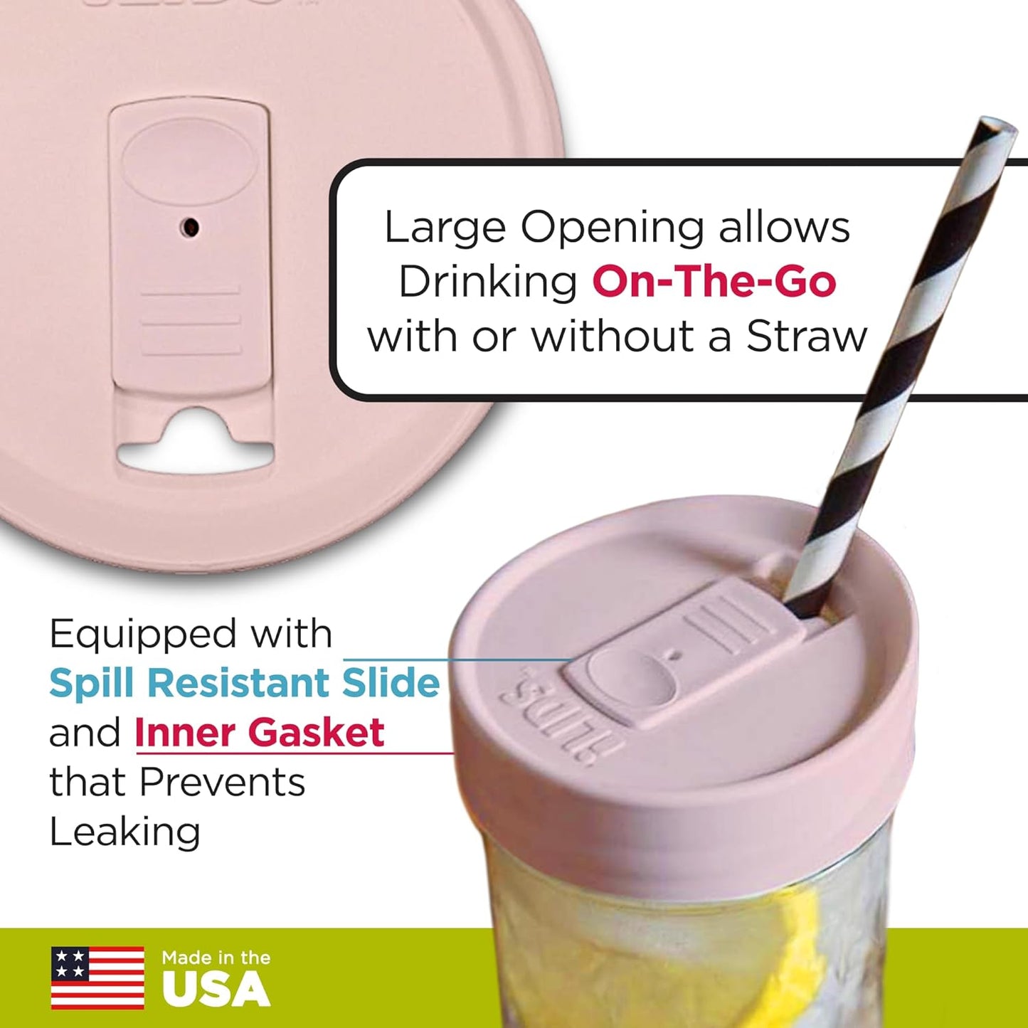 Mason Jar Drink Lid, Wide Mouth, Butter, 2 Pack, BPA-Free USA Made | Fits 3 3/8 in Ball & Kerr openings; spill-resistant for coffee, cold brew & iced tea; reusable, dishwasher-safe