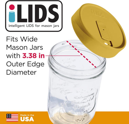 Mason Jar Drink Lid, Wide Mouth, Butter, 2 Pack, BPA-Free USA Made | Fits 3 3/8 in Ball & Kerr openings; spill-resistant for coffee, cold brew & iced tea; reusable, dishwasher-safe
