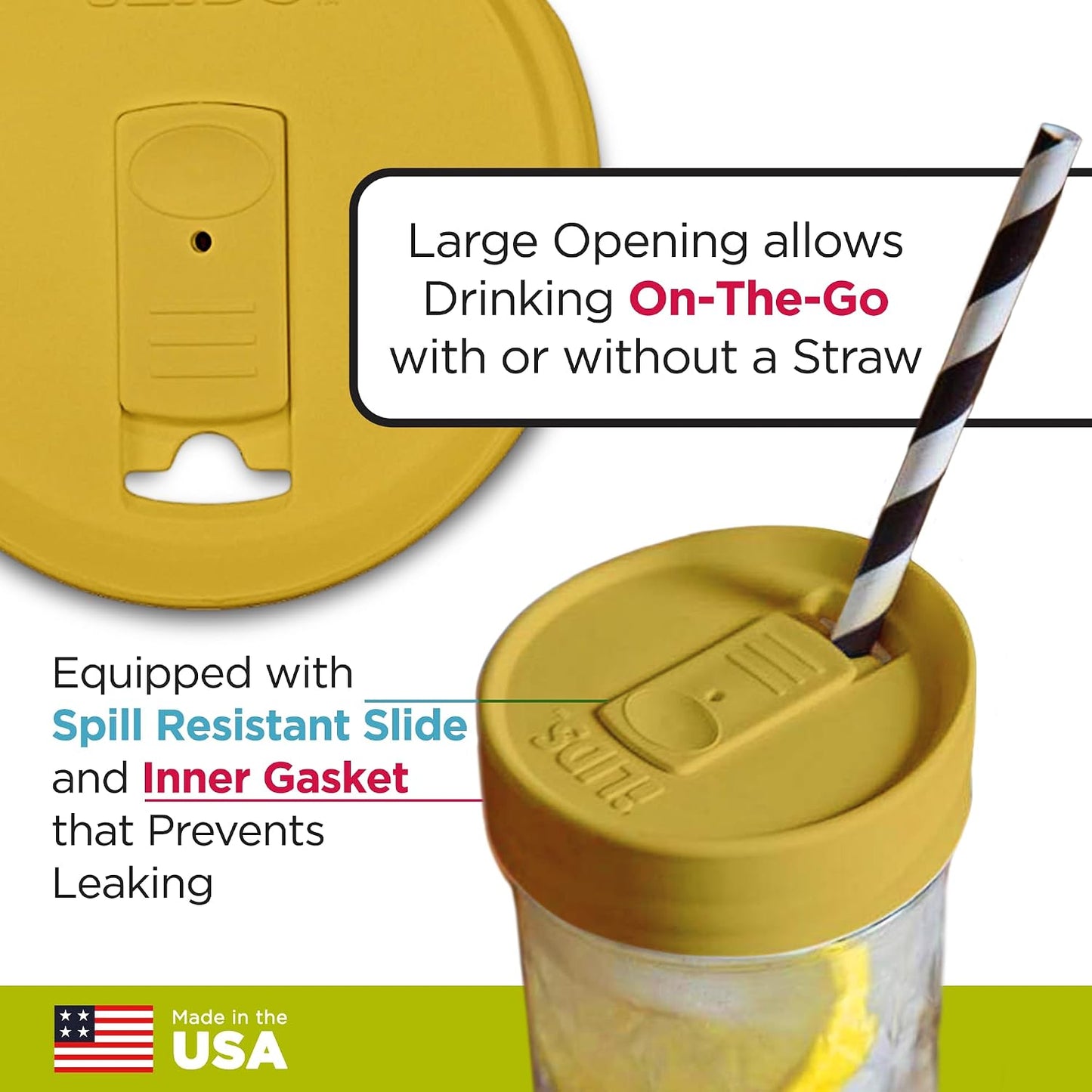 Mason Jar Drink Lid, Wide Mouth, Butter, 2 Pack, BPA-Free USA Made | Fits 3 3/8 in Ball & Kerr openings; spill-resistant for coffee, cold brew & iced tea; reusable, dishwasher-safe