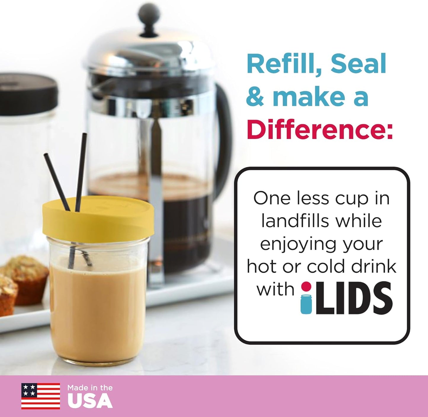 Mason Jar Drink Lid, Wide Mouth, Butter, 2 Pack, BPA-Free USA Made | Fits 3 3/8 in Ball & Kerr openings; spill-resistant for coffee, cold brew & iced tea; reusable, dishwasher-safe