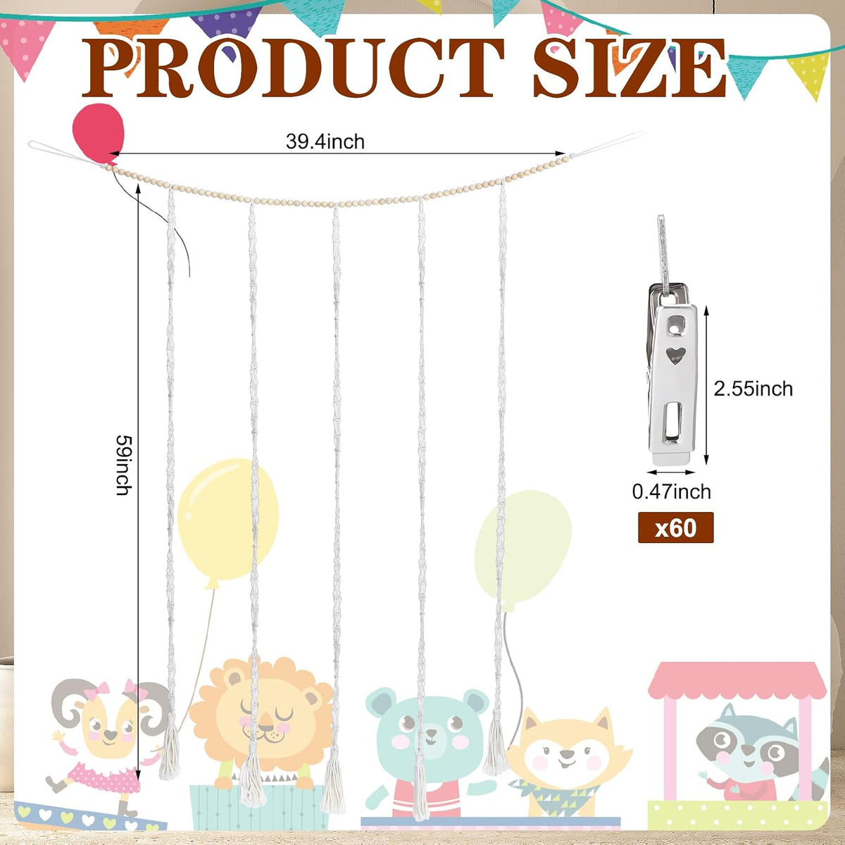 Stuffed Chain 60 Animal Metal Clips, Cotton Hanging Storage Beige