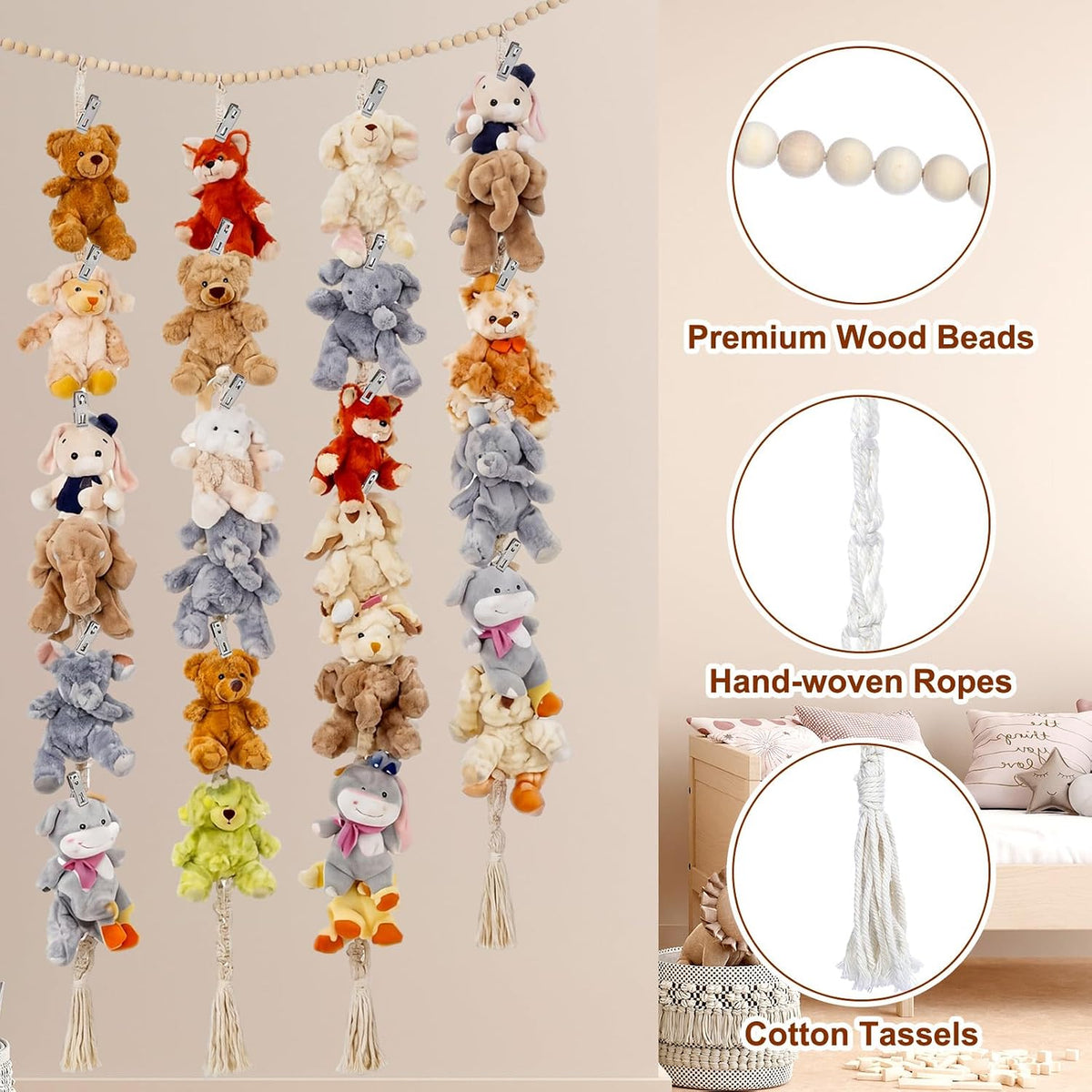 Stuffed Chain 60 Animal Metal Clips, Cotton Hanging Storage Beige