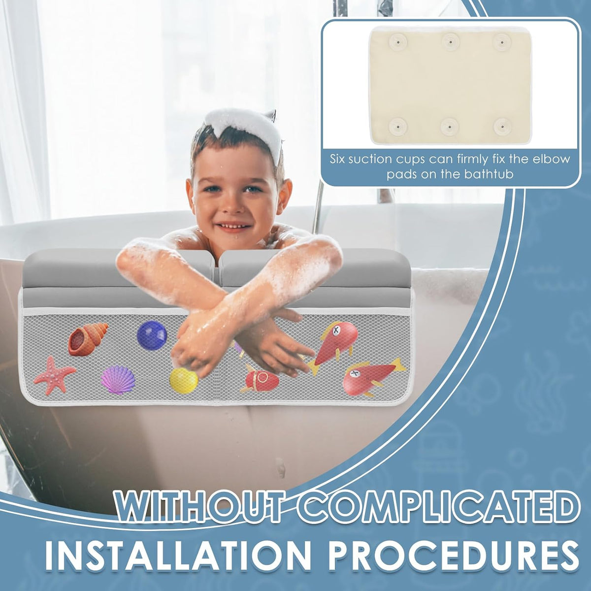 Bath Kneeler Set, Foldable Bath Elbow Rest Pad, Comfortable Non-Slip Kneeling Mat Cushion with Toys Organizer, Foldable Foam Mat for Baby Bathing Time