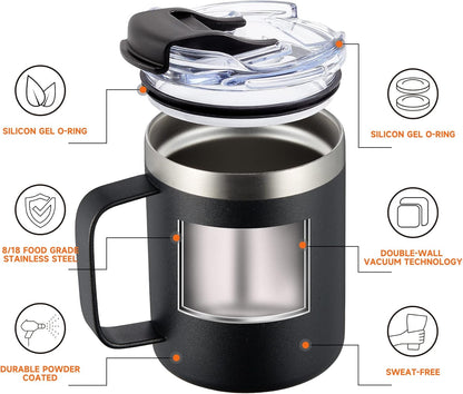 12oz Insulated Travel Coffee Mug with Handle, Sage | Stainless Steel Coffee Tumbler with Lid, Double Wall Vacuum Thermal Cup for Camping