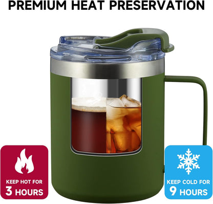 12oz Insulated Travel Coffee Mug with Handle, Sage | Stainless Steel Coffee Tumbler with Lid, Double Wall Vacuum Thermal Cup for Camping