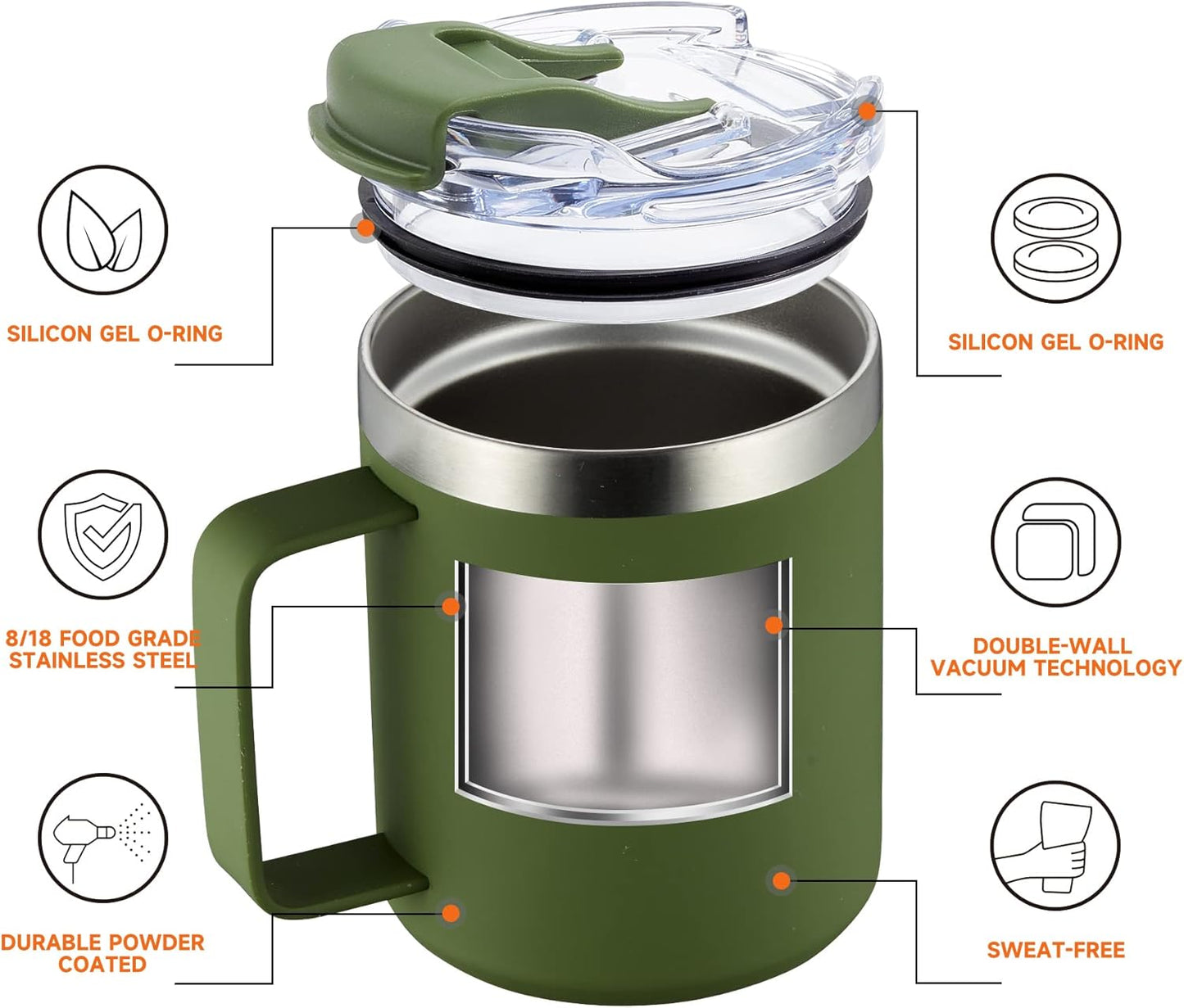 12oz Insulated Travel Coffee Mug with Handle, Sage | Stainless Steel Coffee Tumbler with Lid, Double Wall Vacuum Thermal Cup for Camping