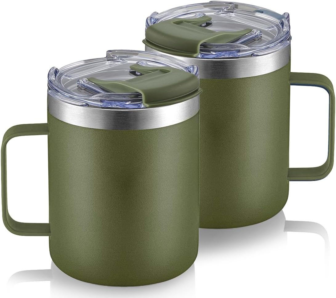 12oz Insulated Travel Coffee Mug with Handle, Sage | Stainless Steel Coffee Tumbler with Lid, Double Wall Vacuum Thermal Cup for Camping