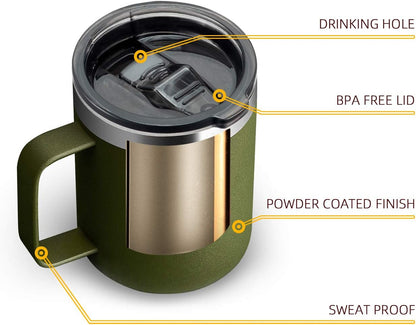 12oz Insulated Travel Coffee Mug with Handle, Sage | Stainless Steel Coffee Tumbler with Lid, Double Wall Vacuum Thermal Cup for Camping