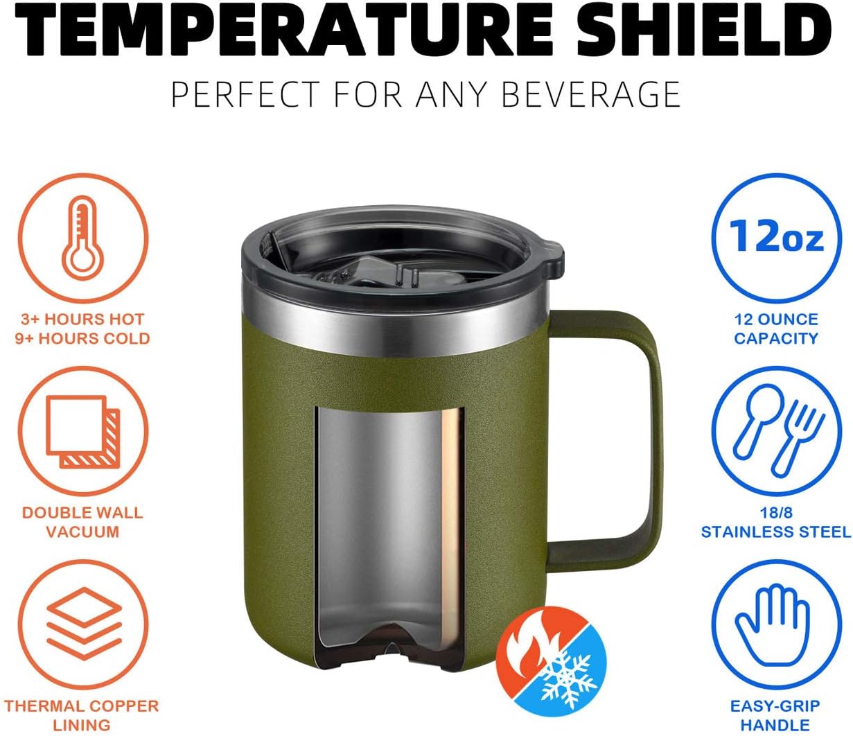 12oz Insulated Travel Coffee Mug with Handle, Sage | Stainless Steel Coffee Tumbler with Lid, Double Wall Vacuum Thermal Cup for Camping
