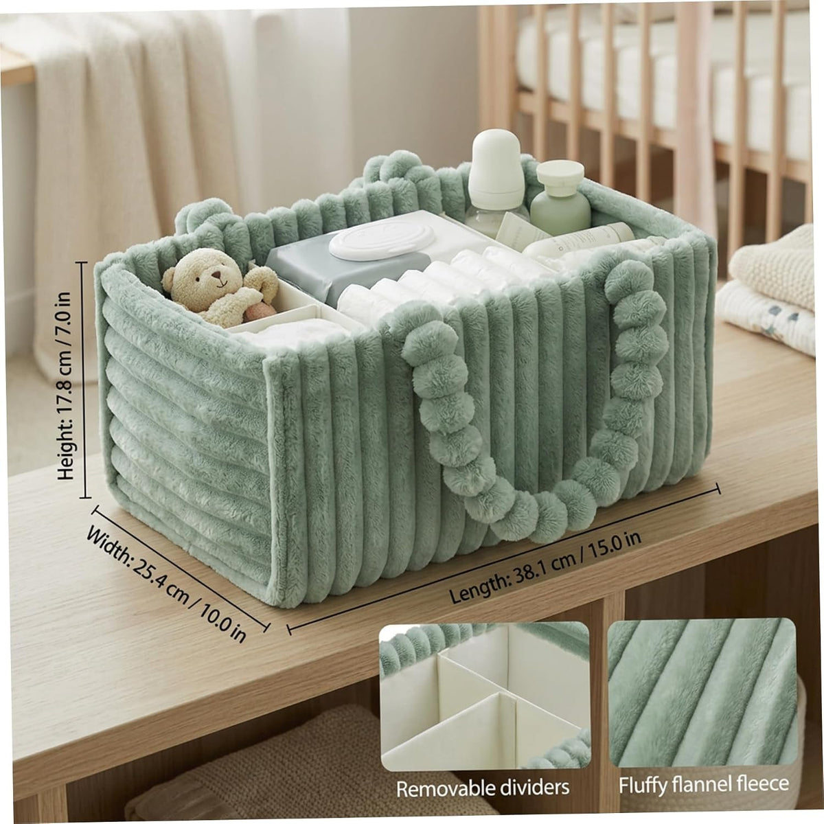Baby Diaper Caddy Portable Diaper Caddy with Removable Dividers Soft Flannel Storage Bin for Baby Essentials Toys Supplies White