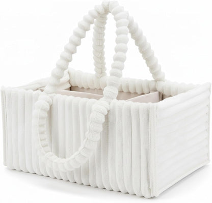 Baby Diaper Caddy Portable Diaper Caddy with Removable Dividers Soft Flannel Storage Bin for Baby Essentials Toys Supplies White