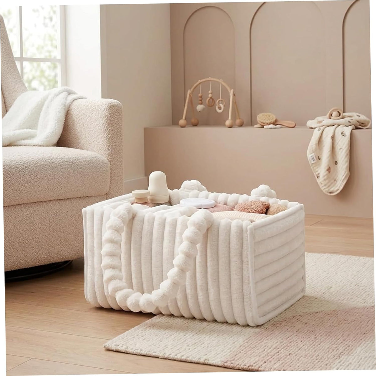 Baby Diaper Caddy Portable Diaper Caddy with Removable Dividers Soft Flannel Storage Bin for Baby Essentials Toys Supplies White