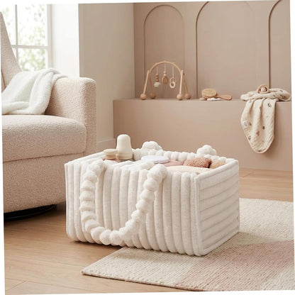Baby Diaper Caddy Portable Diaper Caddy with Removable Dividers Soft Flannel Storage Bin for Baby Essentials Toys Supplies White