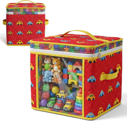 12" Toy Storage Bin, Zipper Cloth Bag-Car Puzzle Quilt Cube