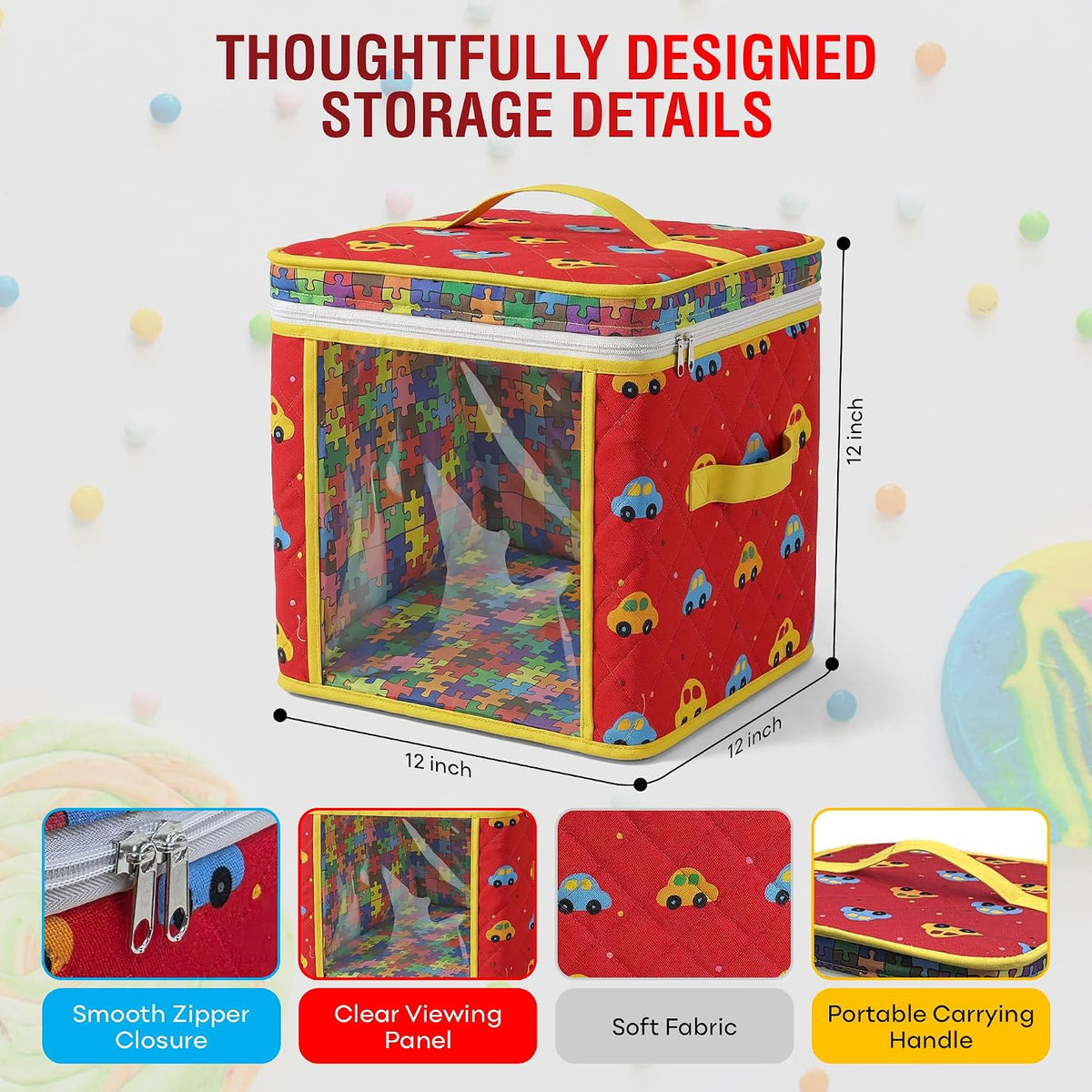 12" Toy Storage Bin, Zipper Cloth Bag-Car Puzzle Quilt Cube