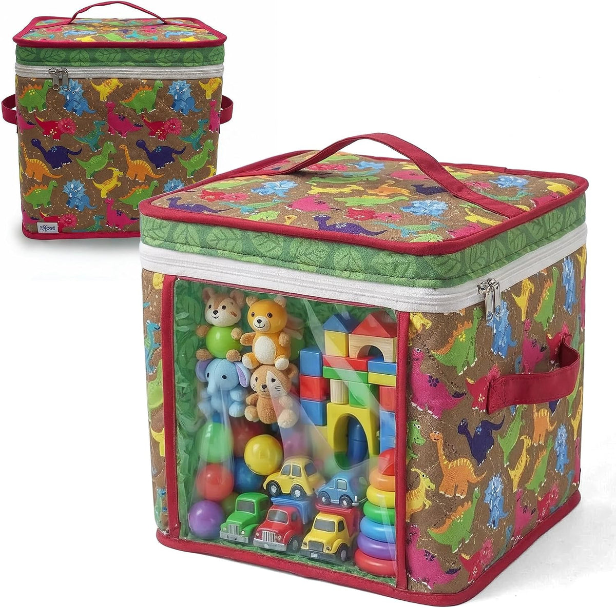 12" Toy Storage Bin, Zipper Cloth Bag-Car Puzzle Quilt Cube