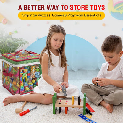 12" Toy Storage Bin, Zipper Cloth Bag-Car Puzzle Quilt Cube