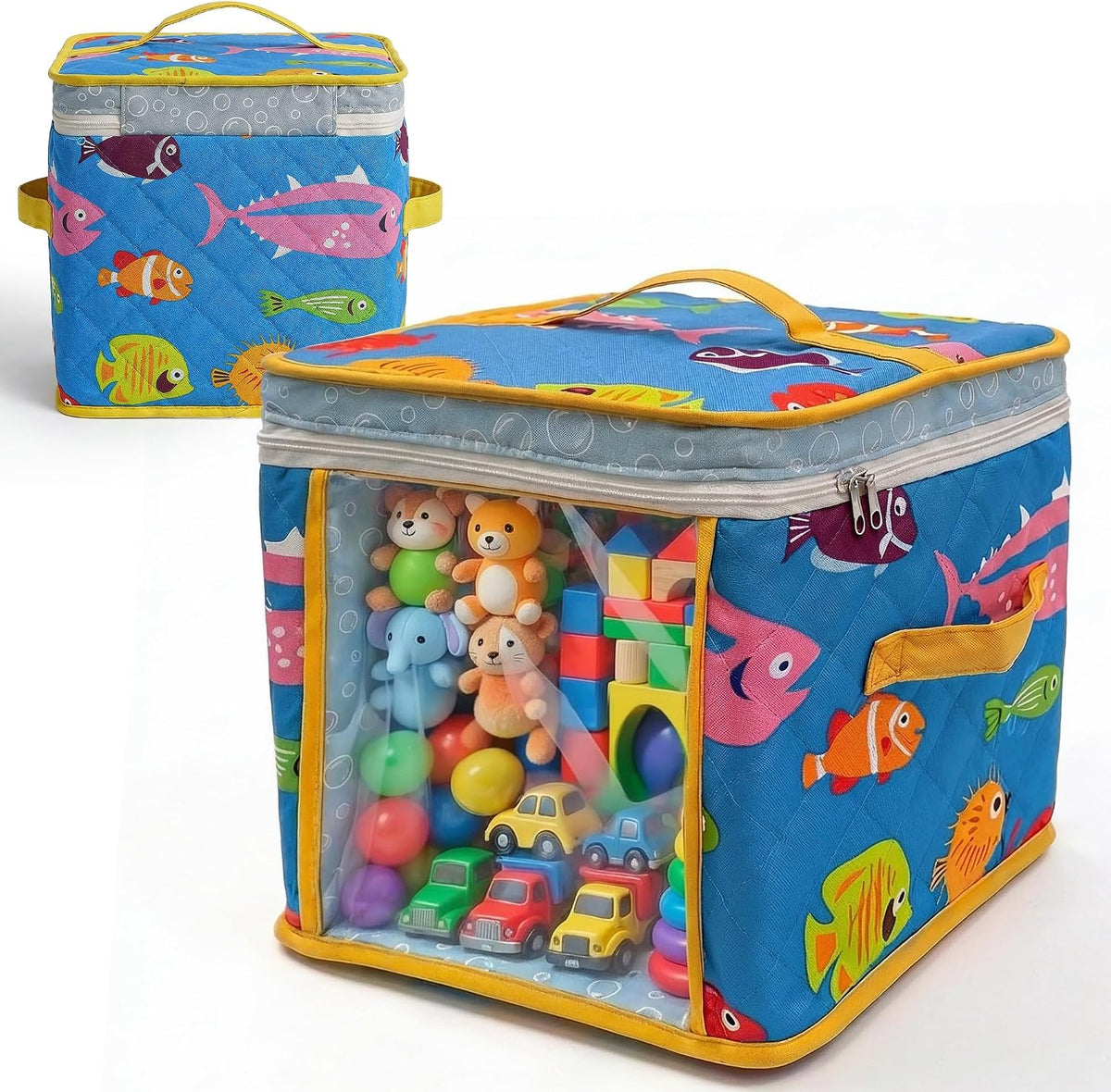 12" Toy Storage Bin, Zipper Cloth Bag-Car Puzzle Quilt Cube