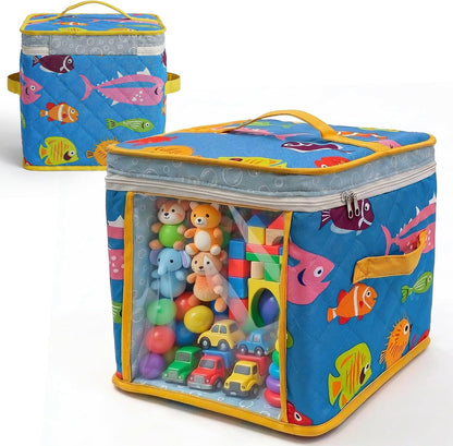 12" Toy Storage Bin, Zipper Cloth Bag-Car Puzzle Quilt Cube