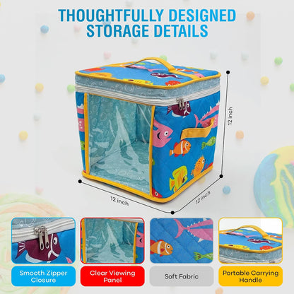 12" Toy Storage Bin, Zipper Cloth Bag-Car Puzzle Quilt Cube